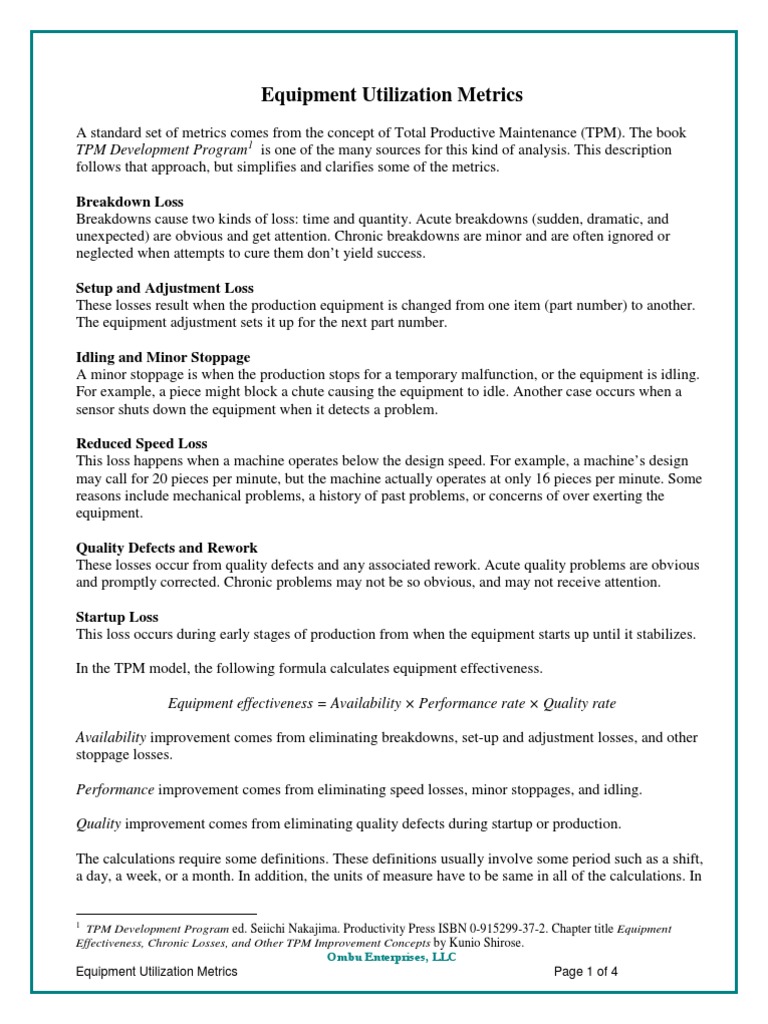 Equipment Utilization Metrics Overview | PDF | Business