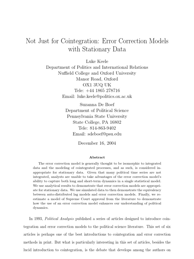 Not Just For Cointegration: Error Correction Models With Stationary ...