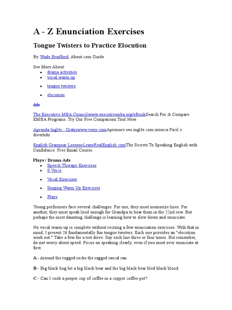 A Z Enunciation Exercises Tongue Twisters To Practice Elocution