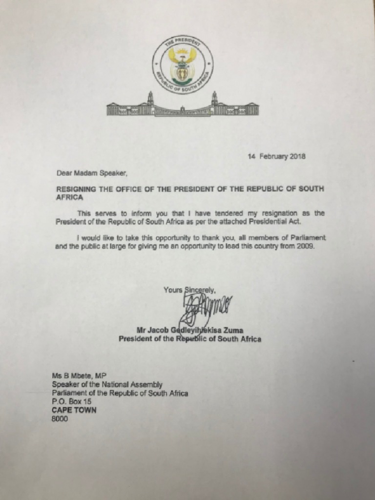 Jacob Zuma Resignation Letter
