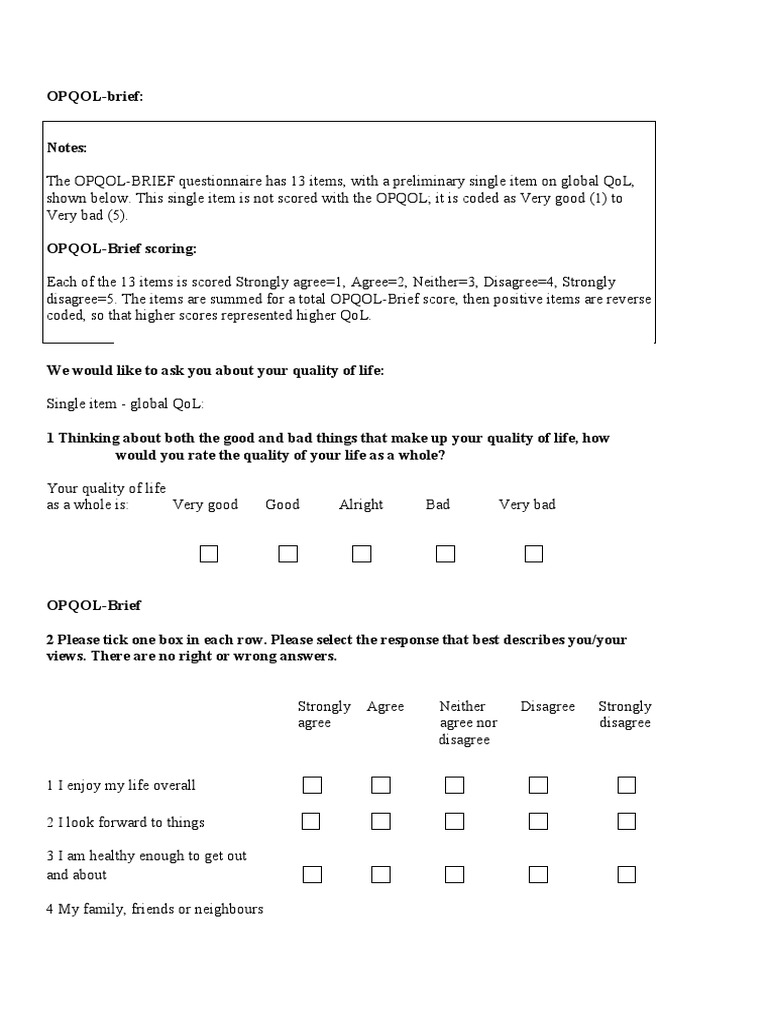 OPQOL Brief Questionnaire and Responses | PDF | Quality Of Life