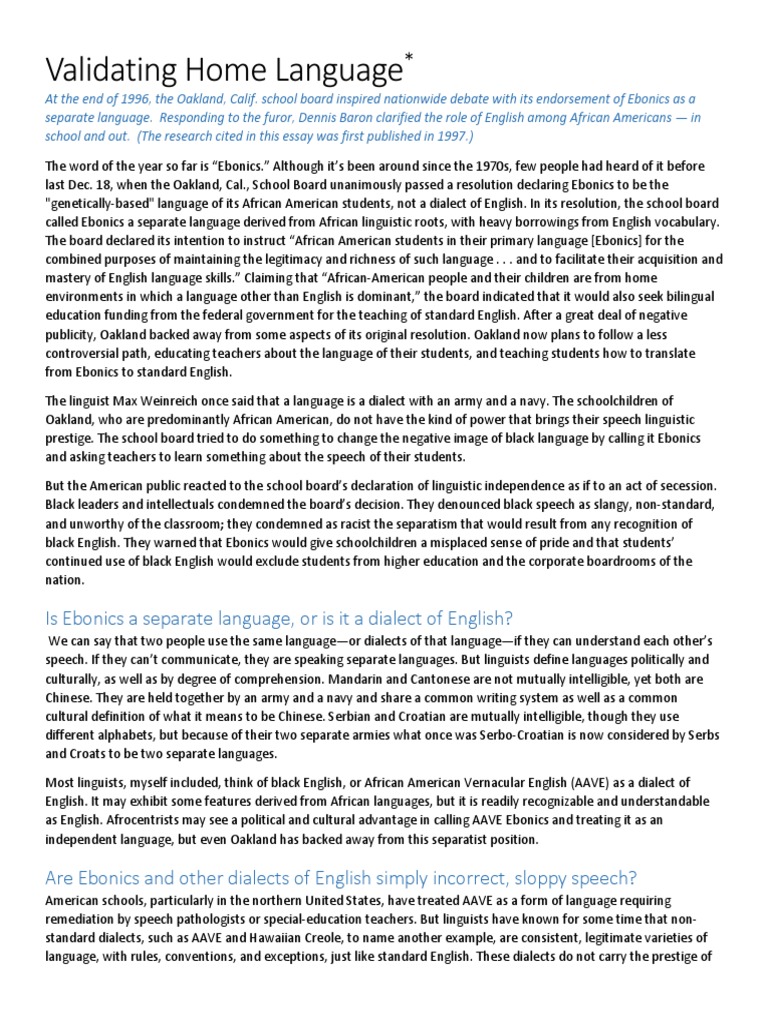 Validating Home Language Ebonics In Oakland Pdf Languages