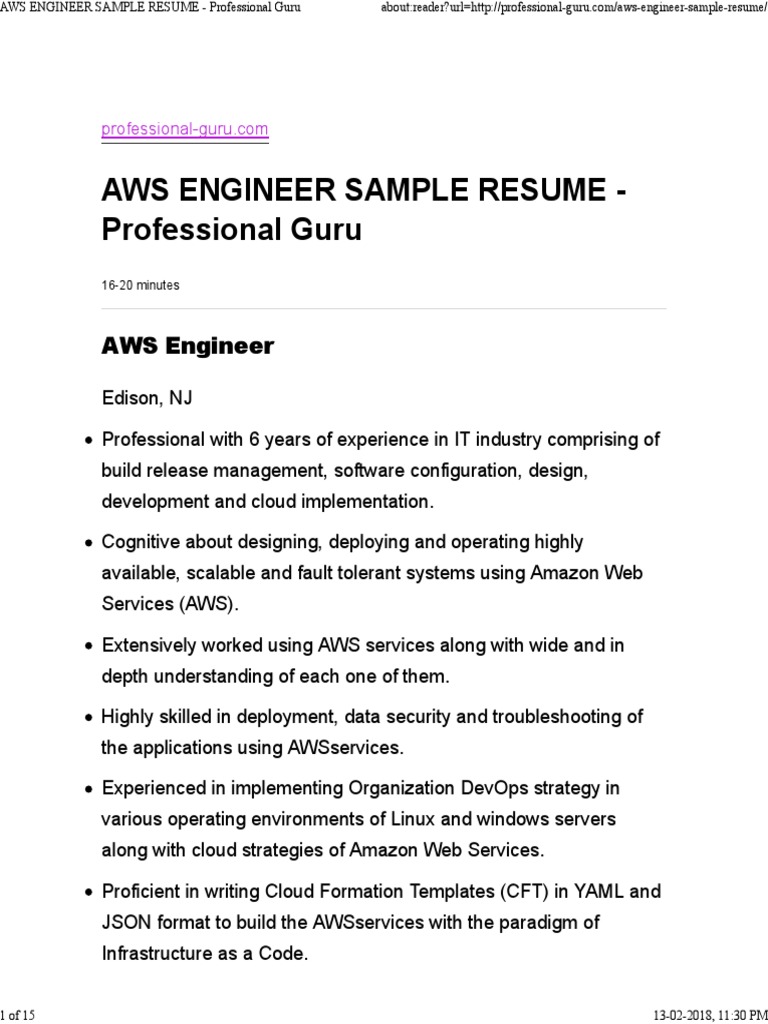 Aws Engineer Sample Resume - Professional Guru | PDF | Amazon Web ...