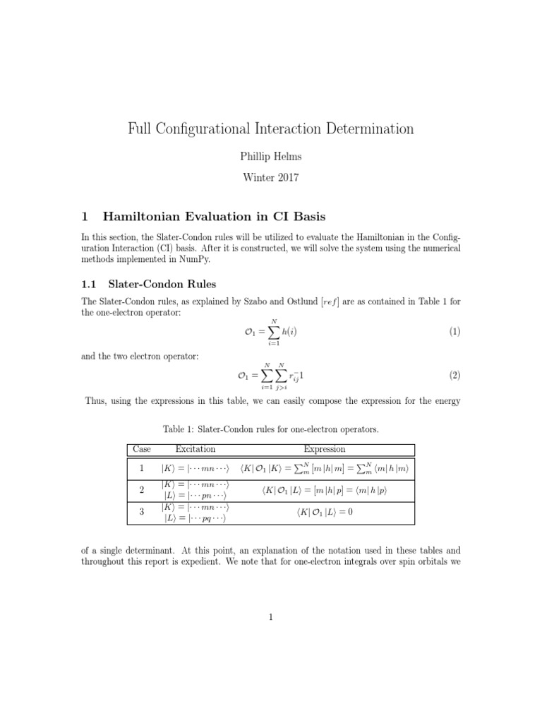 Full Configurational Interaction Determination: 1 Hamiltonian ...