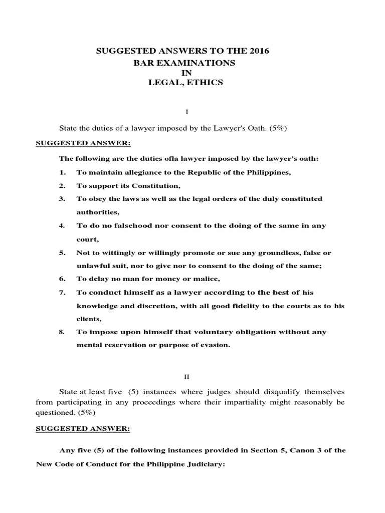 2016 Bar Suggested Answer in Legal Ethics PDF Lawyer Notary Public