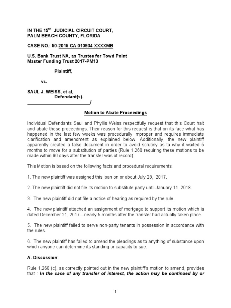 Motion To Abate Weiss PDF | PDF | Pleading | Standing (Law)