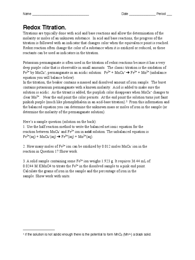 A5 Redox Titration W Problem PDF Titration Chemistry