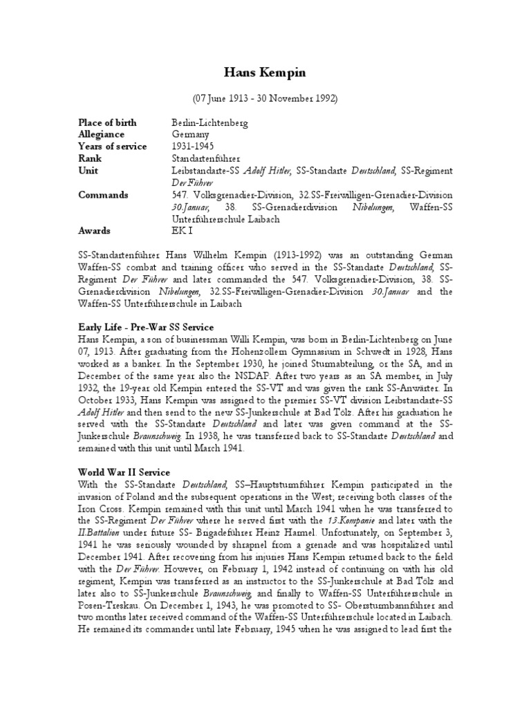Ss Standartenführer Hans Wilhelm Kempin Western European - 