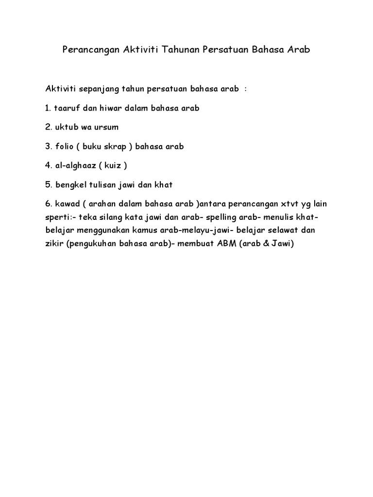 Perancangan Aktiviti Tahunan Persatuan Bahasa Arab Pdf