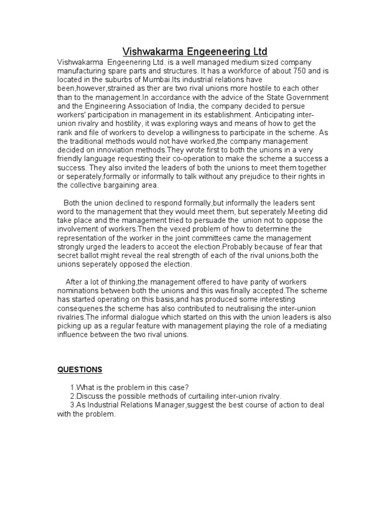 Managing Inter-Union Rivalry at VEL | PDF