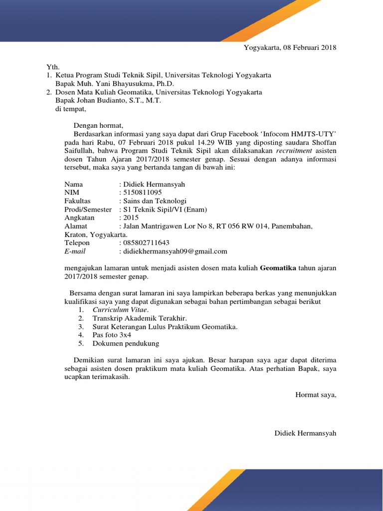 Contoh Surat Lamaran Asisten Dosen Pdf