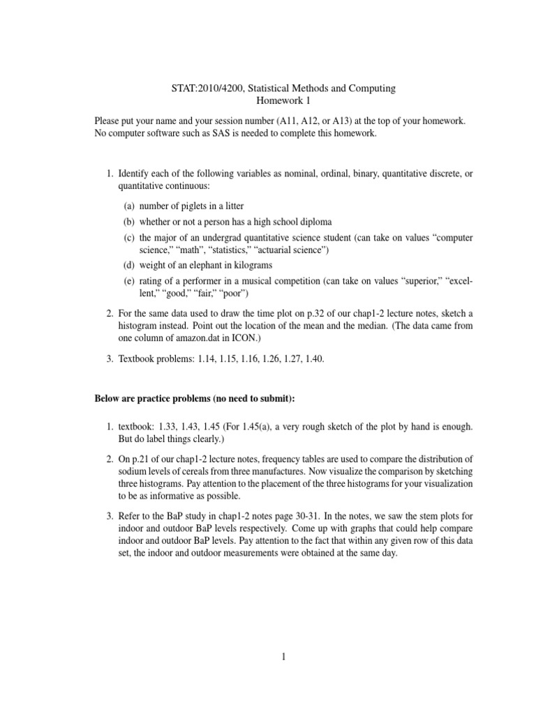 STAT:2010/4200, Statistical Methods and Computing Homework 1 | PDF ...