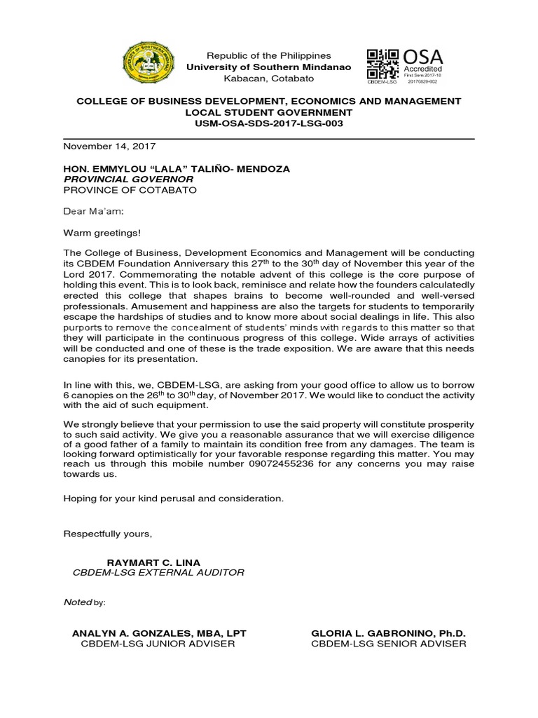 Letter For Borrowing Canopy PDF