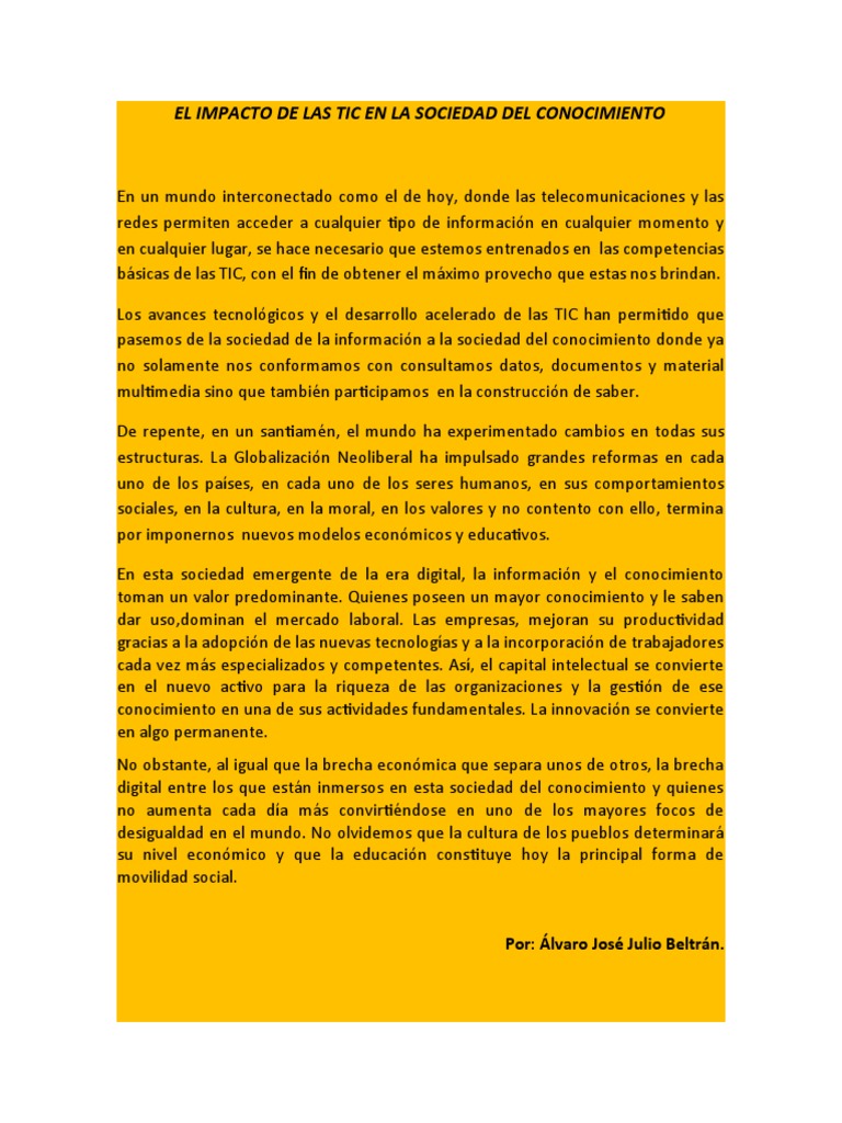El Impacto de Las Tic en La Sociedad Del Conocimiento | PDF | Ciencias ...