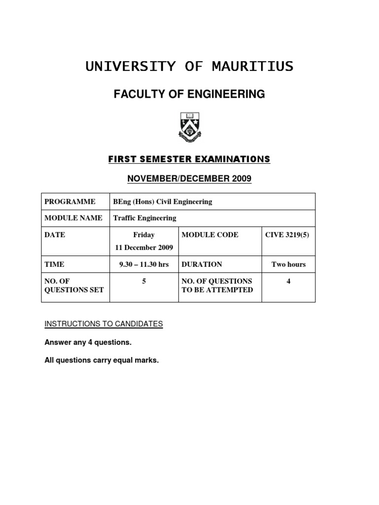 University of Mauritius Traffic Engineering Exam Questions PDF