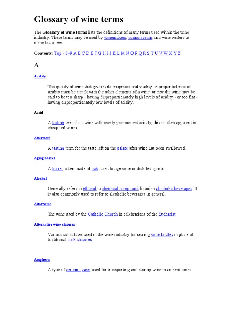 Glossary of Wine Terms PDF Winemaking Wine