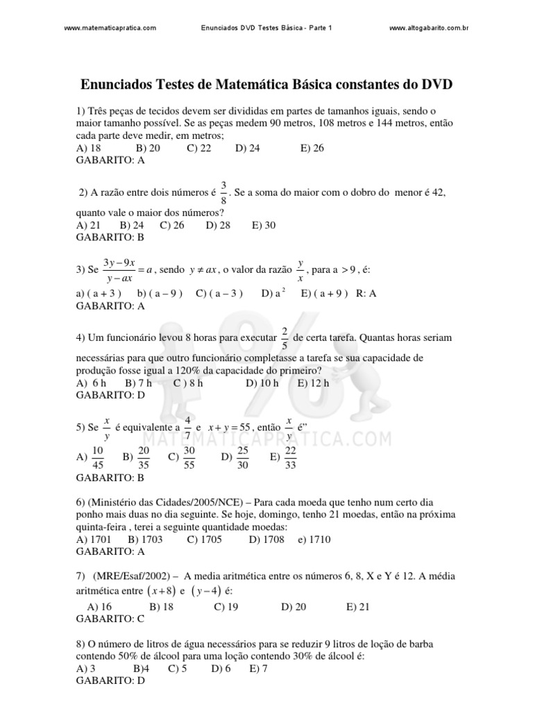 Testes de Matemática Básica: Enunciados e Gabaritos | PDF | Fração ...