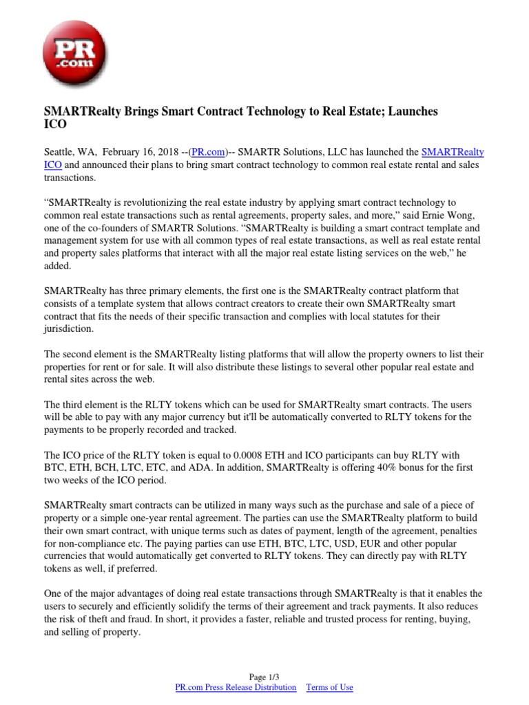 SMARTRealty ICO: Smart Contracts in Real Estate | PDF | Renting | Business