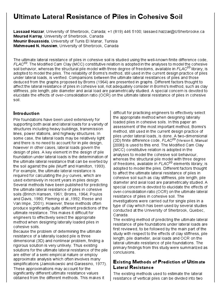 Ultimate Lateral Resistance of Piles in Cohesive Soil | PDF | Deep ...