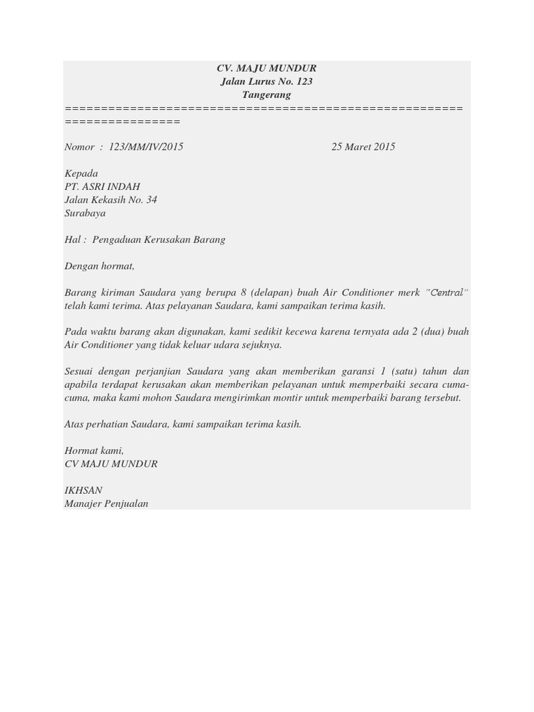 Surat Tuntutan Barang Rusak