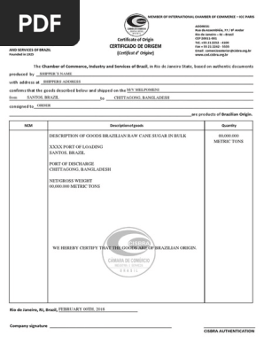 Draft Certificate of Origin