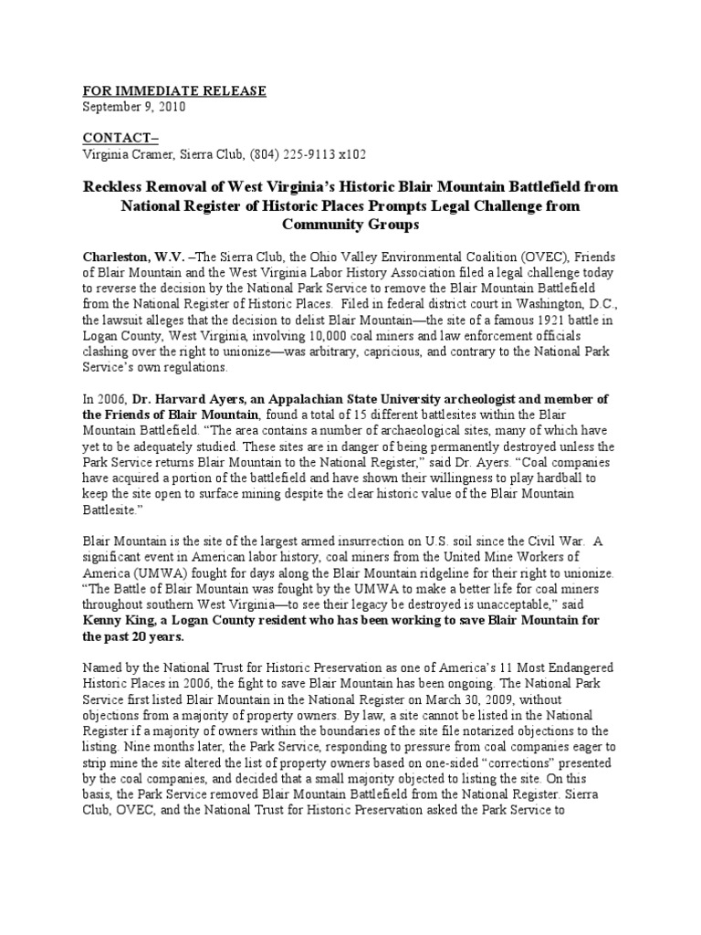 Blair Mountain Lawsuit Press Release 110910 West Virginia Government