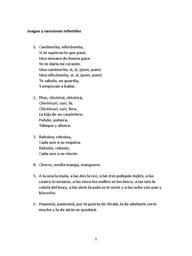 Letra De Juegos Y Canciones Infantiles Ocio Deportes