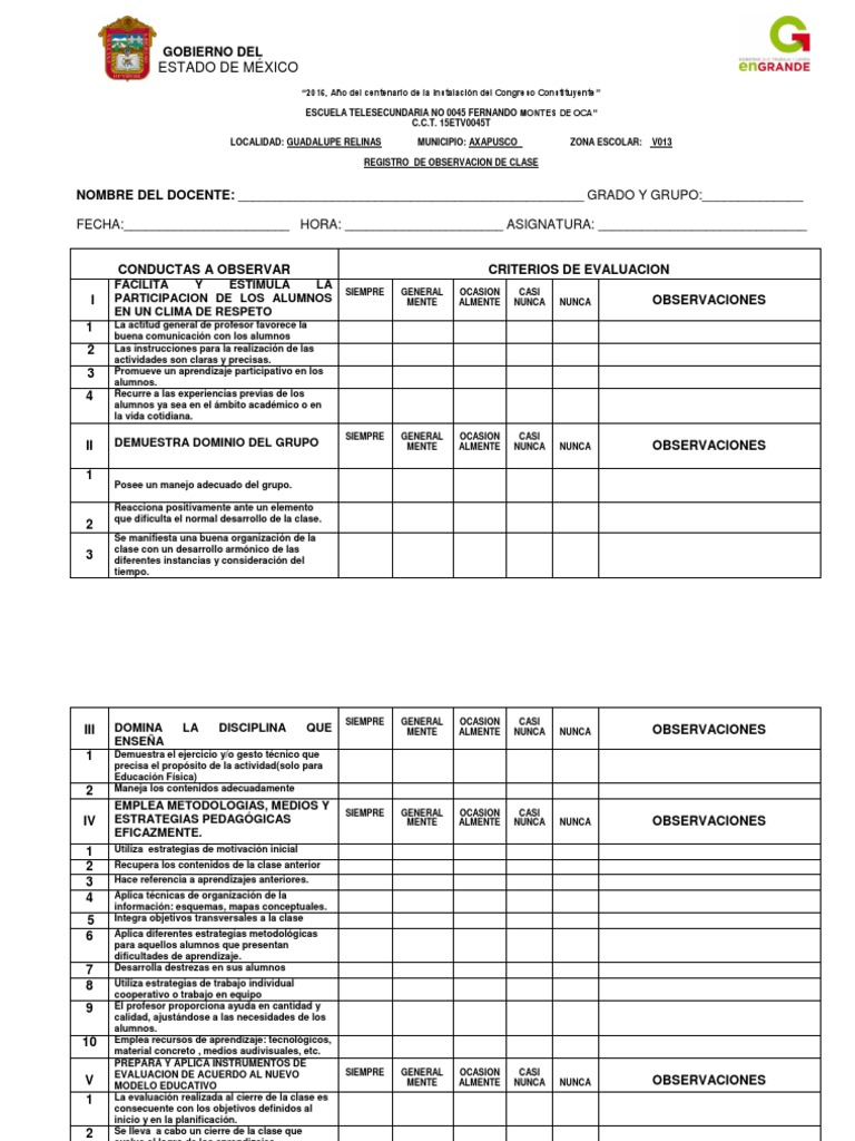 Registro de Observacion de Clase 2016 Evaluación