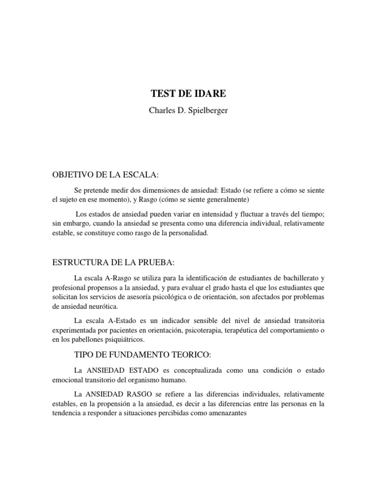 Test IDARE: Evaluación de Ansiedad | PDF | Ansiedad | Psicología Aplicada