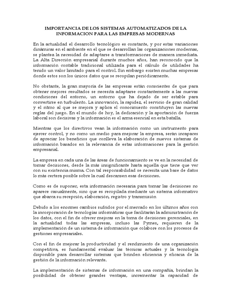 Sistemas Automatizados en Empresas Modernas | PDF | Sistema de ...