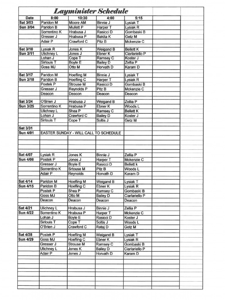 Eucharistic Minister Schedule Mar & Apr 2018