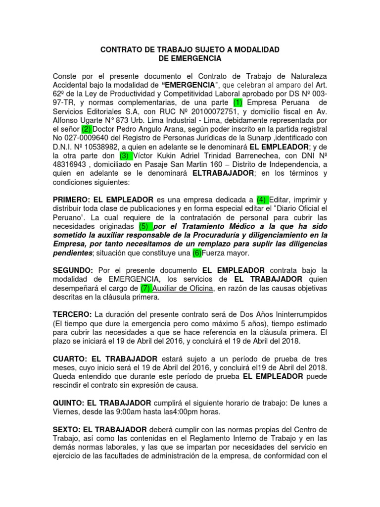 Contrato de Trabajo por Emergencia | PDF | Derecho laboral | Sociedad ...