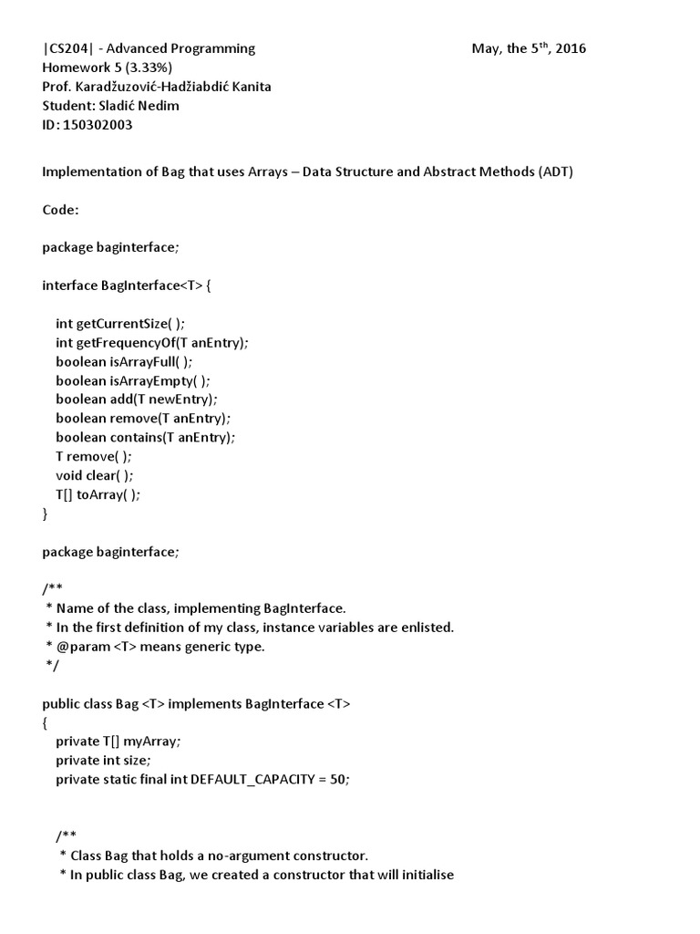 Homework 5 Bag Interface Implementation (ADT) PDF Boolean Data