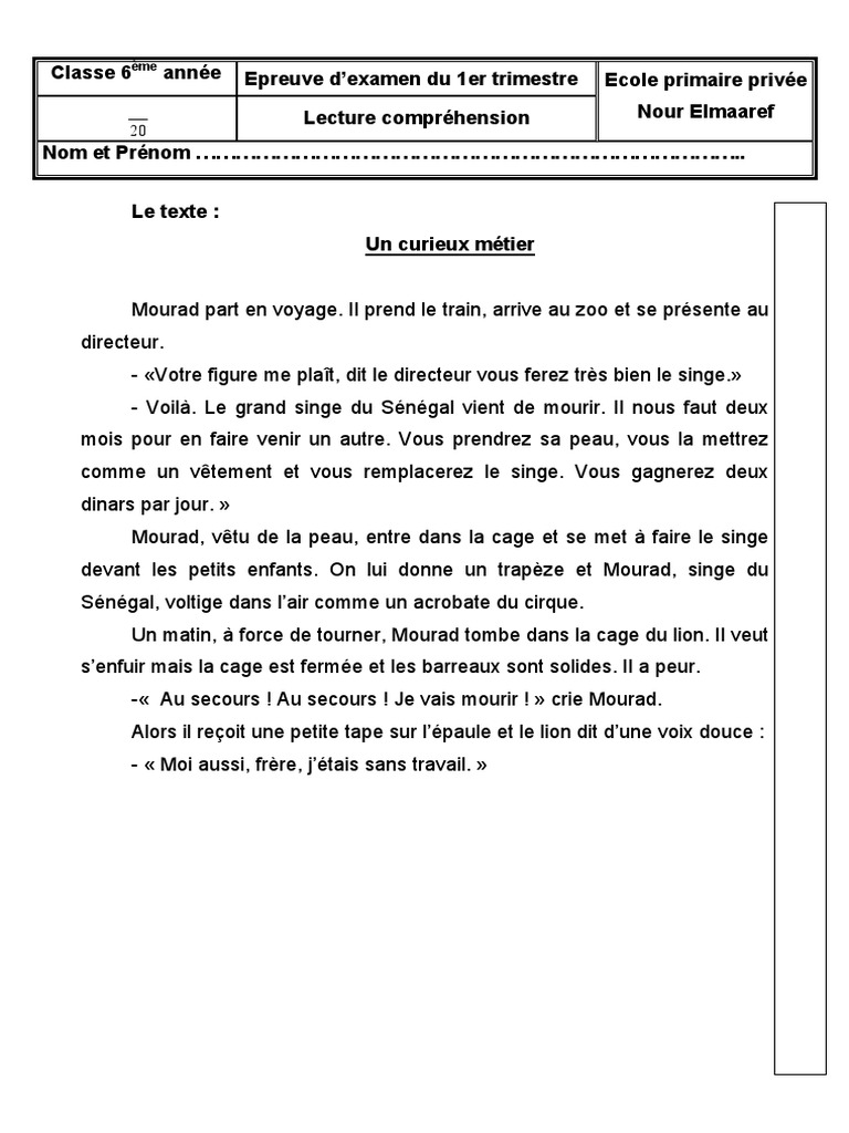 Compréhension De Texte 6ème à Imprimer Pdf