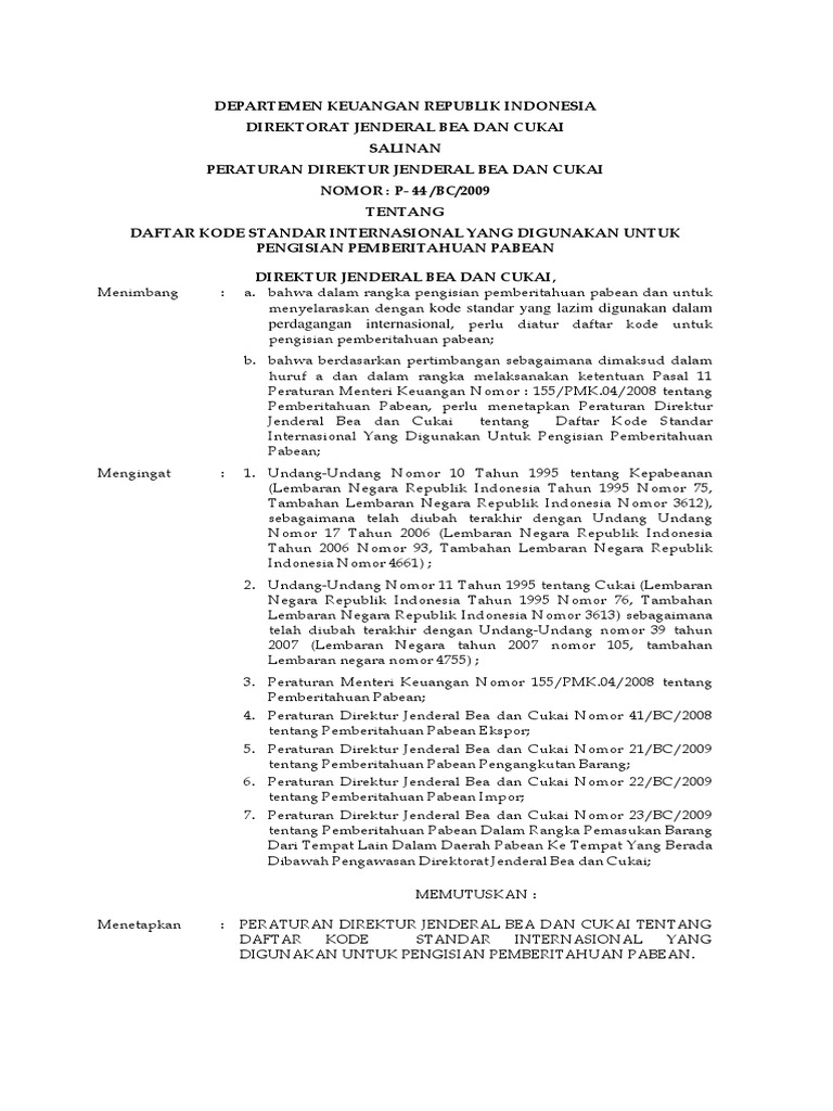 Pbc 44 2009 Daftar Kode Standar Internasional Untuk Pengisian Pemberitahuan Pabean Pdf Kilogram Liter