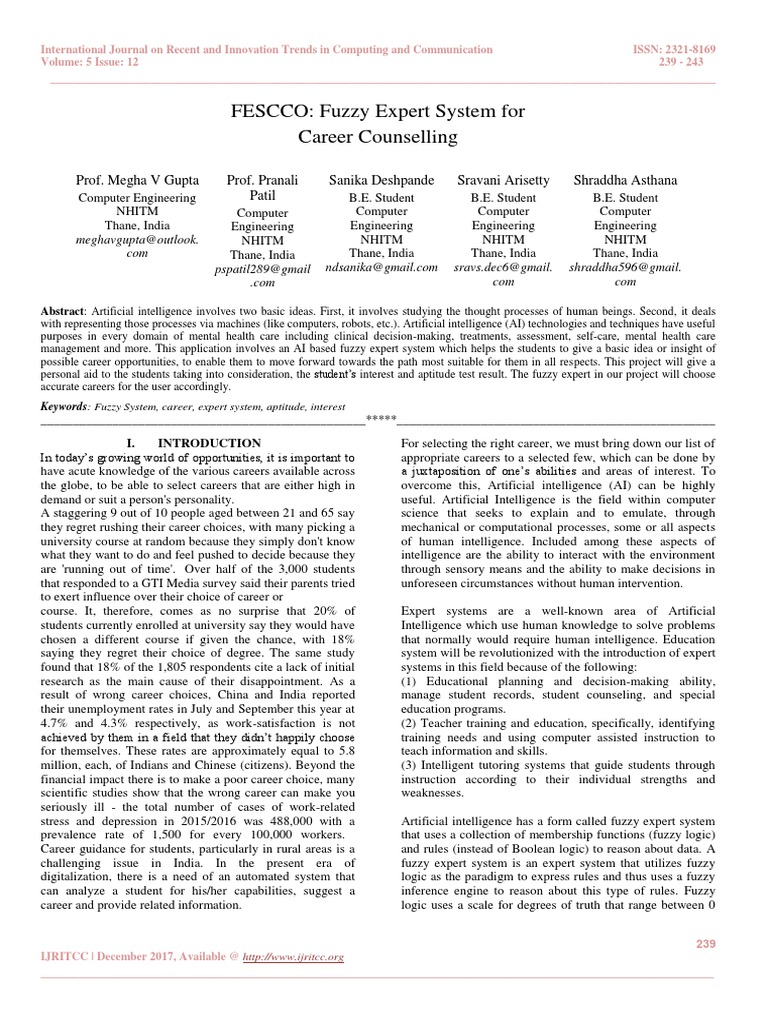 FESCCO: Fuzzy Expert System For Career Counselling | PDF | Fuzzy Logic ...