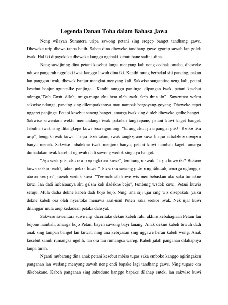 Legenda Danau Toba Dalam Bahasa Jawa