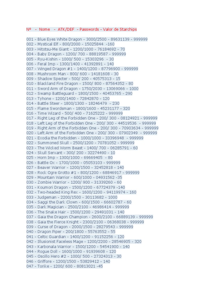 yugioh card password Yu-Gi-Oh! Passwords List | PDF Secret Password (Secret Rare)