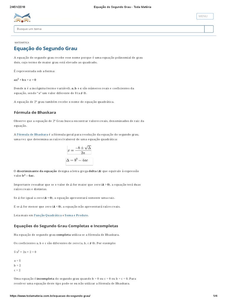 Equação Do Segundo Grau - Toda Matéria PDF | PDF | Equação quadrática ...