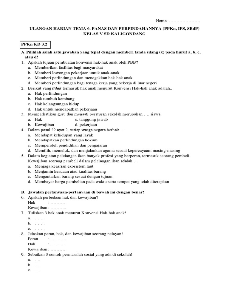 Ulangan Harian Tema 6 Ppkn Ips Sbdp Kelas 5 Kurikulum 2013 Revisi 2017