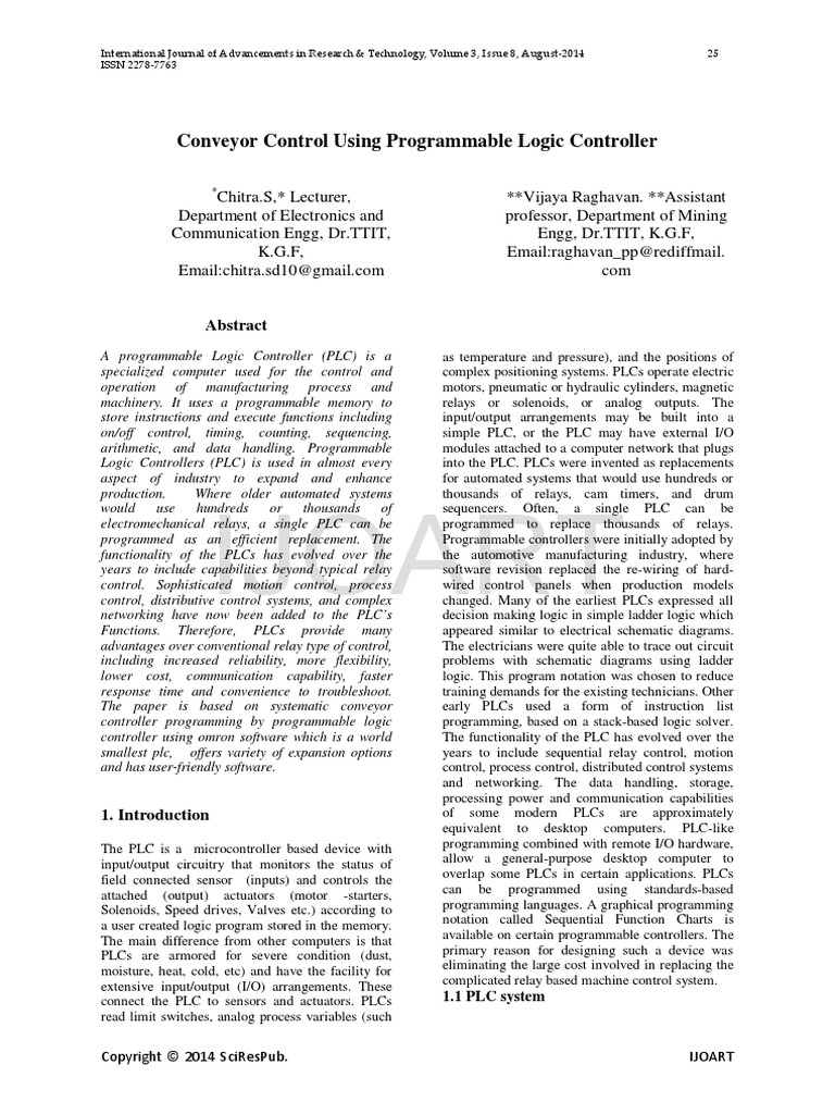Conveyor Control Using Programmable Logic Controller Pdf