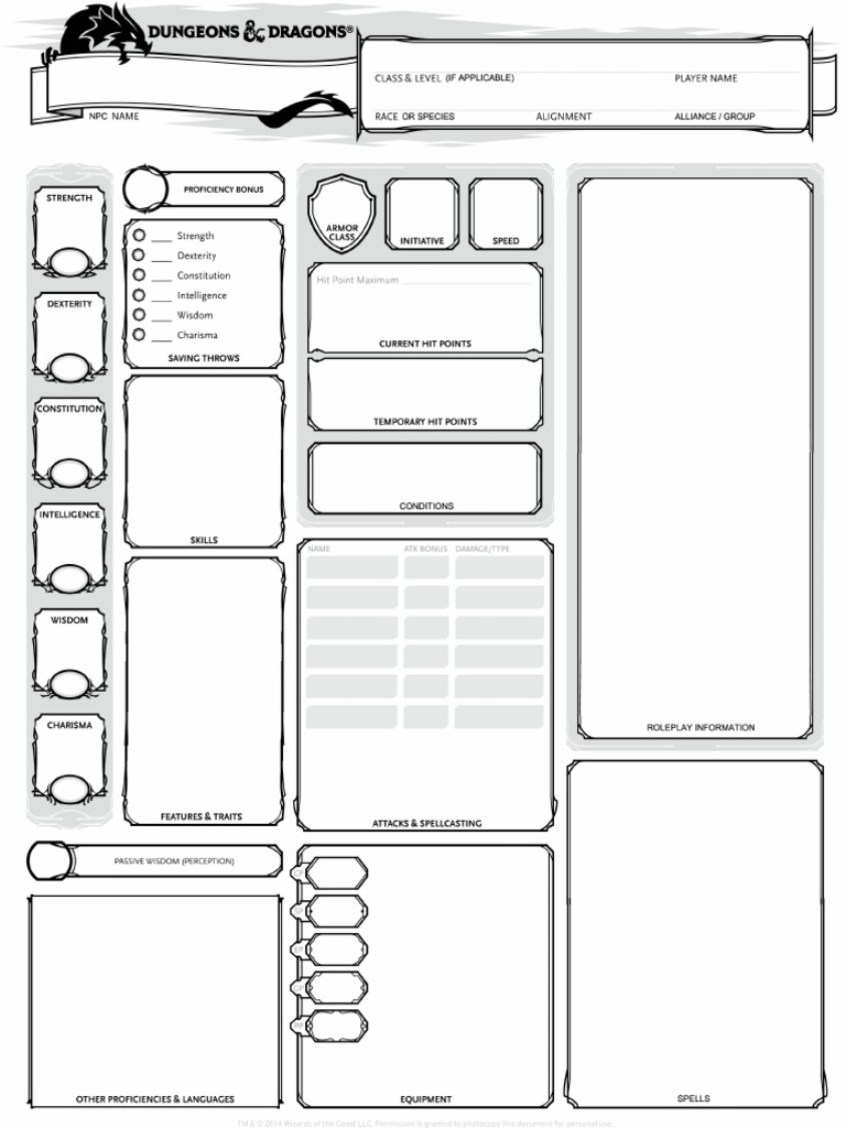 D D5e Npc Sheet Pdf Role Playing Games Leisure