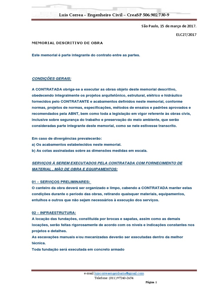 Memorial Descritivo de Obra | PDF | Engenharia Civil | Science