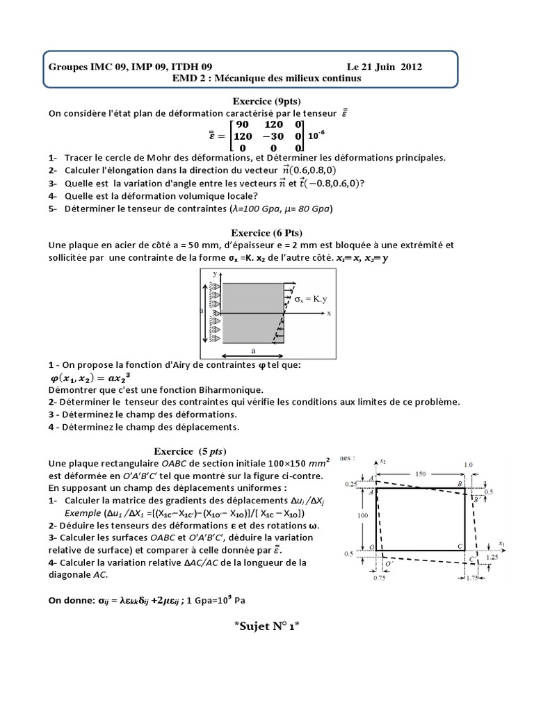 EMD 2 MMC 2012.pdf | Tenseur | Mécanique des milieux continus