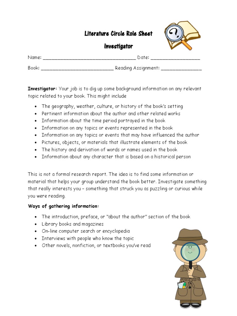 Literature Circle Role Sheet Investigator PDF