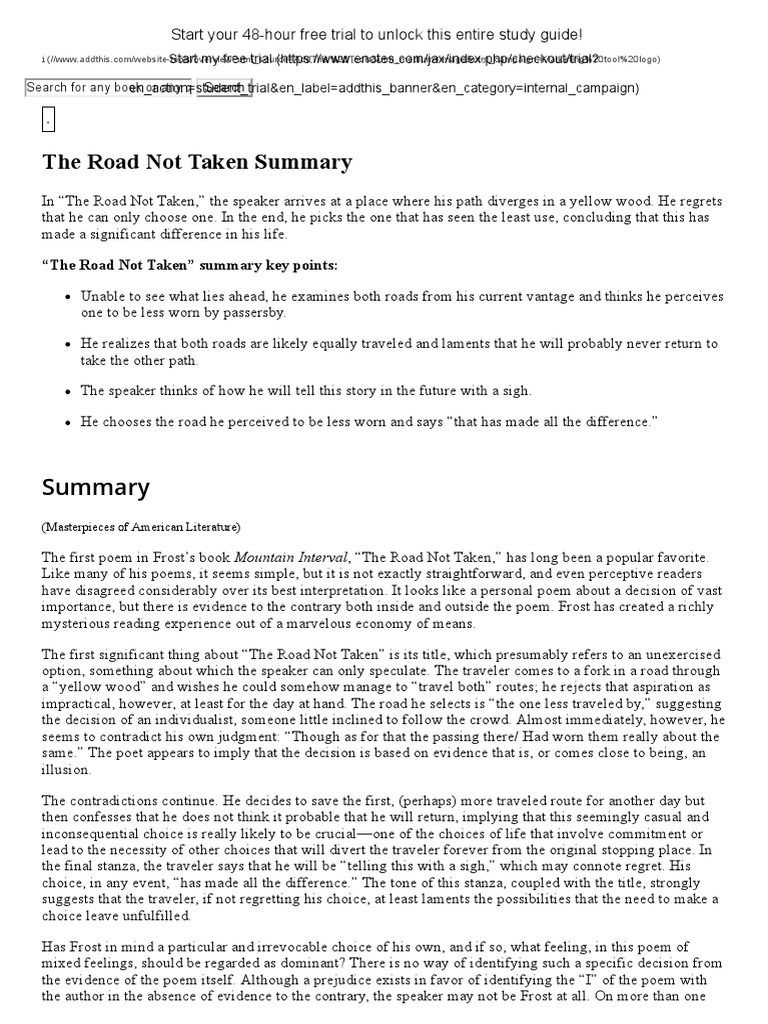 The Road Not Taken Summary - Enotes.com | Poetry | Fiction & Literature