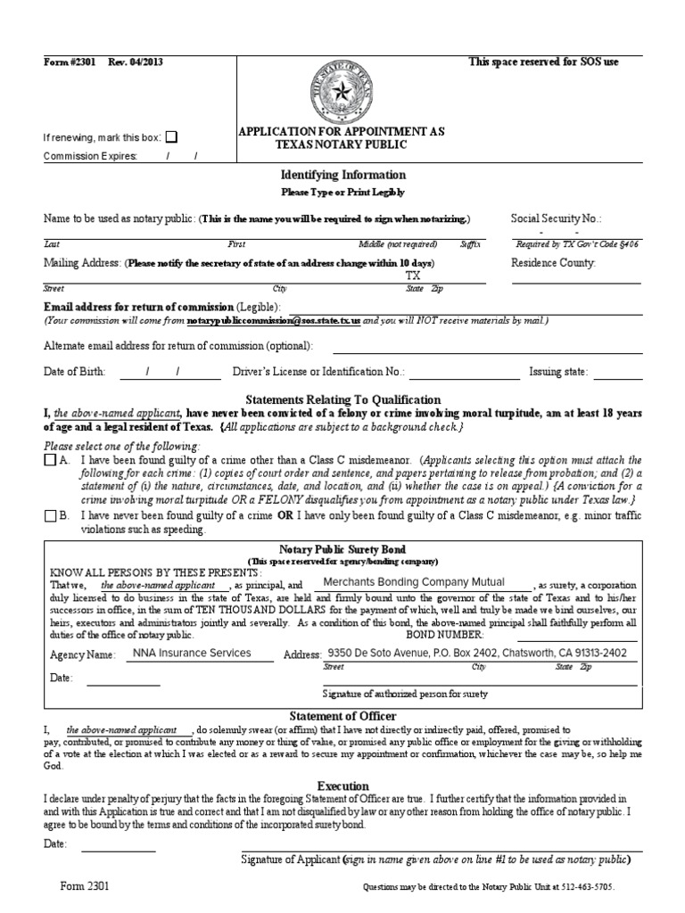 Texas Application e Download Free PDF Notary Public Surety Bond
