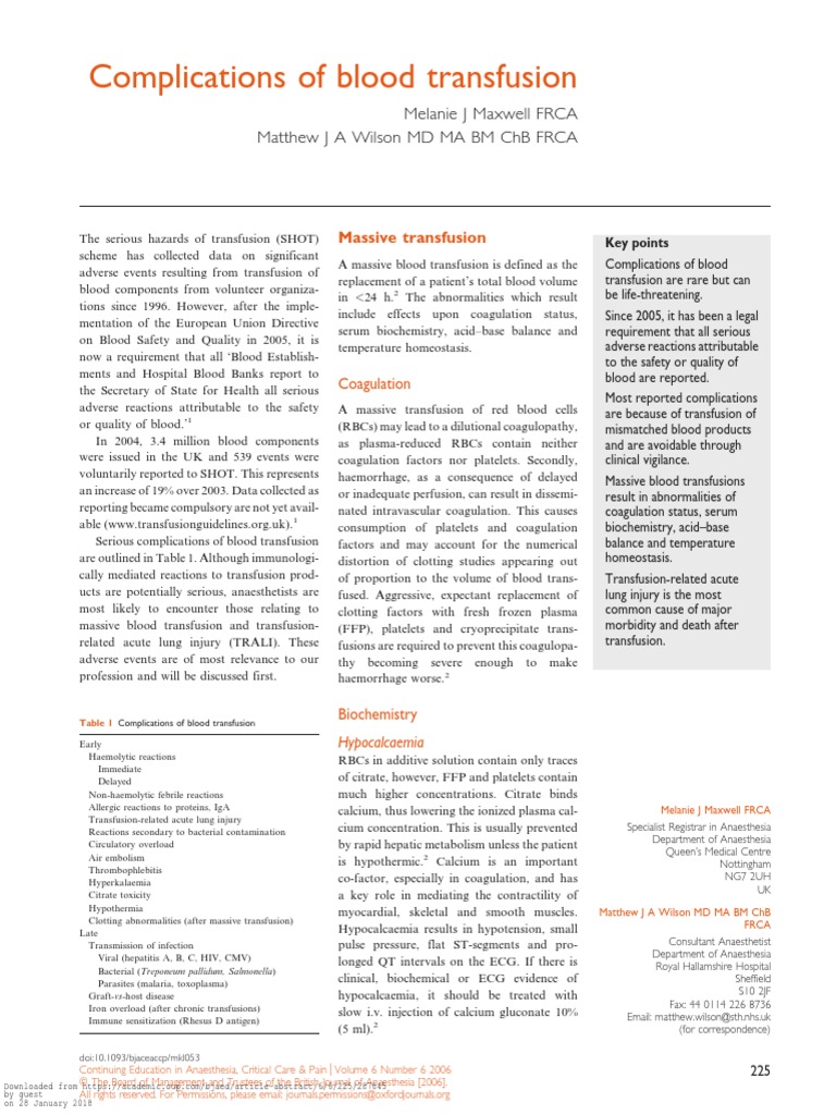 Complication of Blood Transfusion | PDF | Blood Transfusion | Immunology