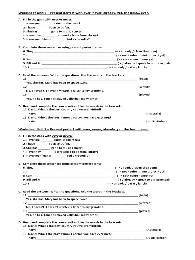 Present Perfect Never Ever Exercises Pdf