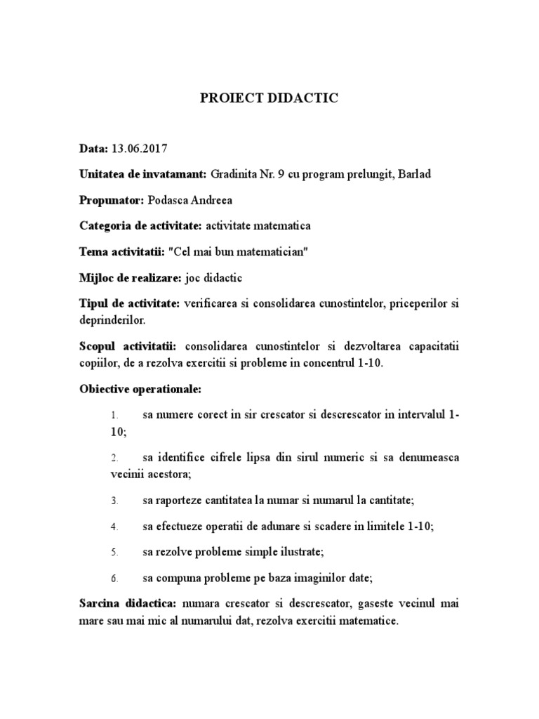 Joc Didactic La Act De Mate Proiect Rtf